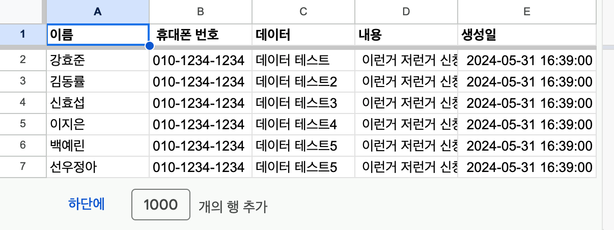 구글 스프레드시트 자료 예시